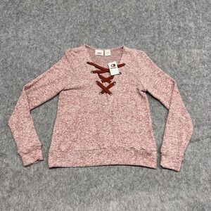 Daytrip Sweater Womens Medium Pink Lace Up Pullover Brushed Long Sleeve Top